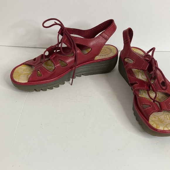 Fly London Sandals Womens 38 Red Leather Lace Up Platform Shoes Comfy - Picture 5 of 14